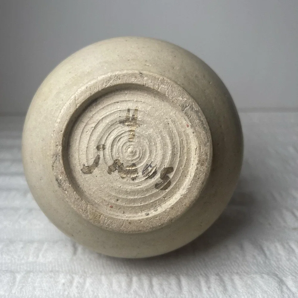 Ceramic Bud Weed Vase with Hand Painted Blue & Gold Studio Pottery Signed 5